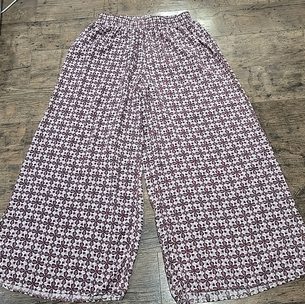H& M divided womens pants sz 12 wide leg elastic waist multicolor print